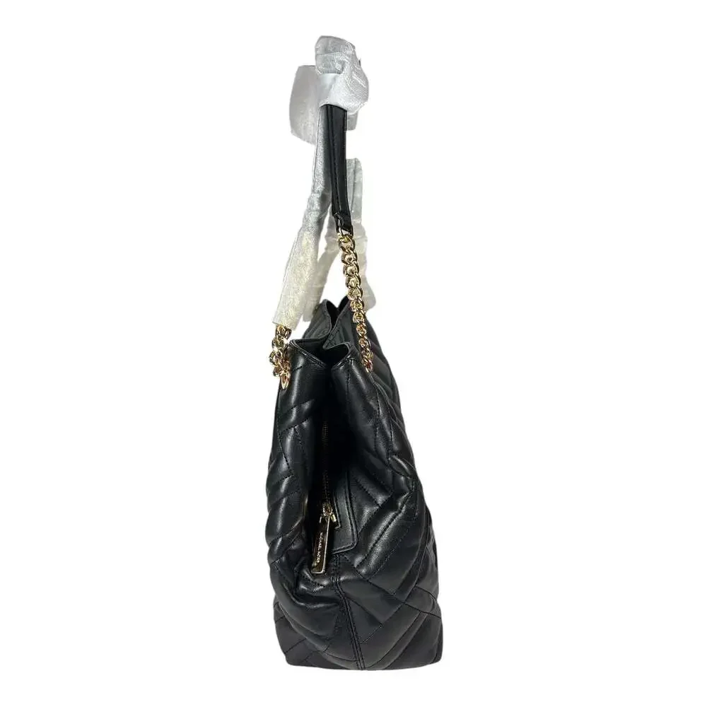 Michael Kors Peyton Black Large Chain Shoulder Tote Quilted Vegan Leather NWT